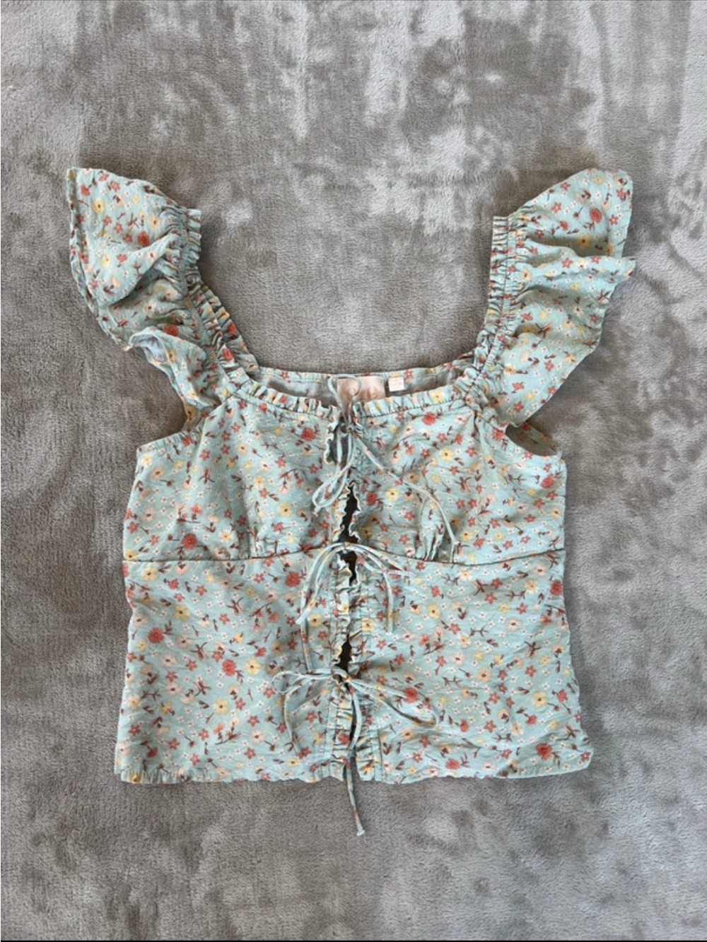 Floral Boho Tie-Front Ruffle Sleeve Crop Top - Light Aqua Small